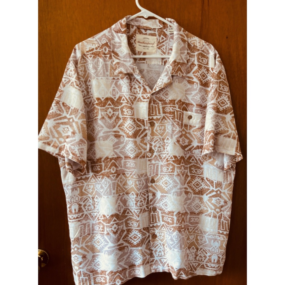 Weatherproof Vintage‎ Men XL  Aztec Print Short Sleeve Button Up Shirt Tan